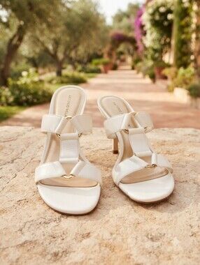 Antonio Melani White Leather Multi-Strap High Heel Sandals Gold Accents, Sz 8.5